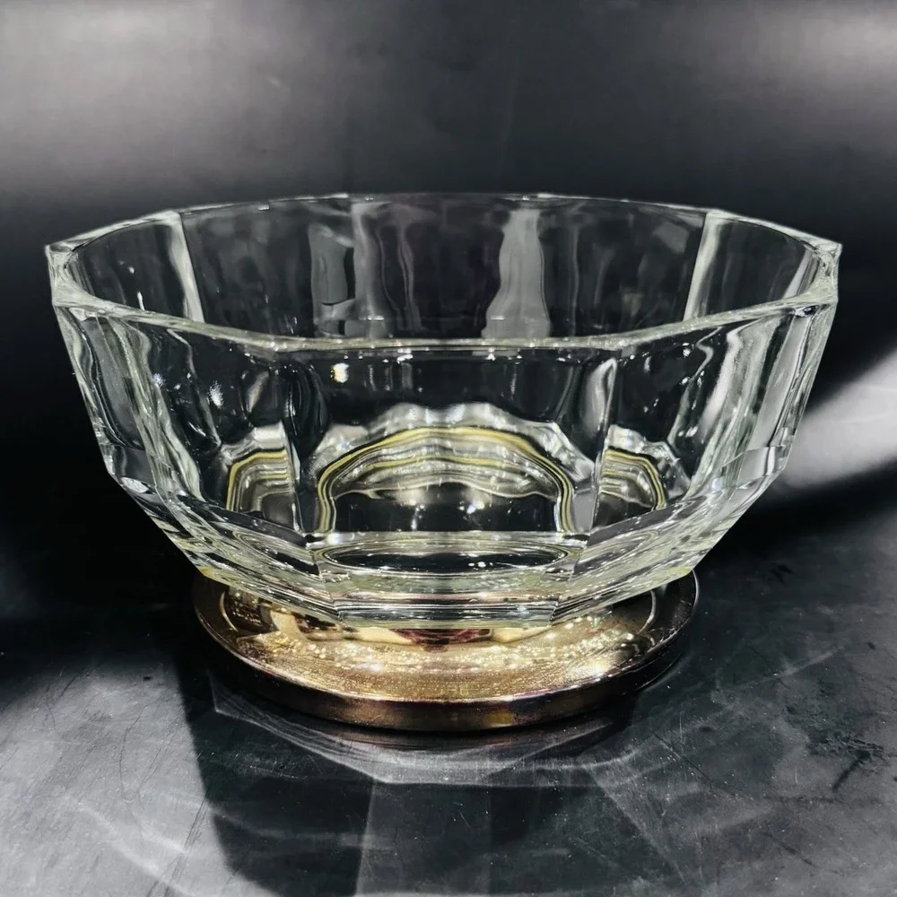 Vintage MCM Faceted Thick Italian Glass Centerpiece Bowl w Brass Tone Metal Rim